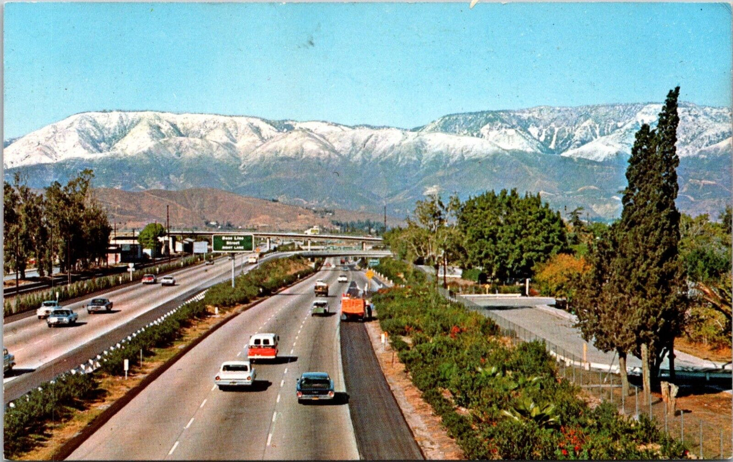 Postcard Snow Covered San Bernardino Mountains From Freeway Base Line Street