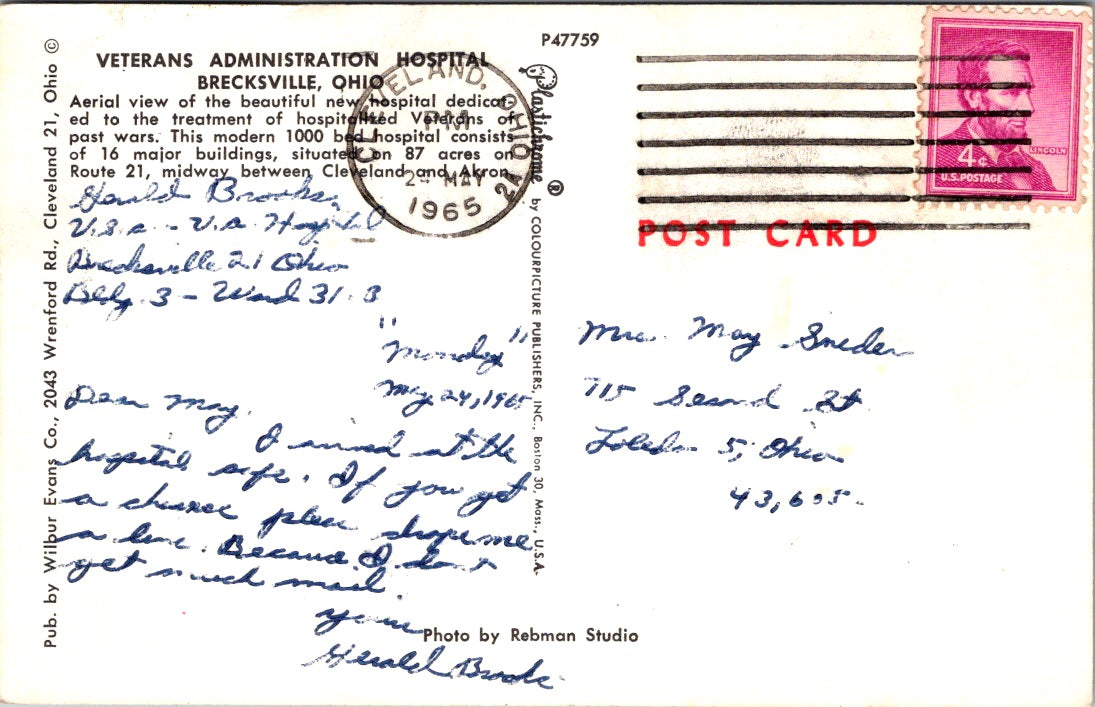 Vintage Postcard Veterans Administration Hospital Brecksville Ohio Posted 1965