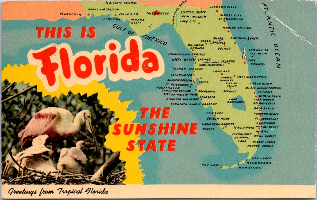 Vintage Postcard Florida Map The Sunshine State United States Posted 1974