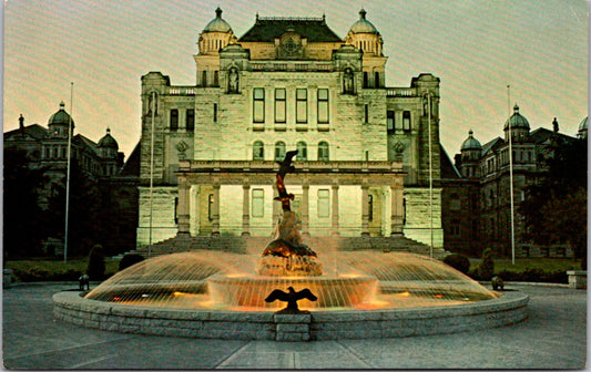 Vintage Postcard British Columbia's Parliament Building With Centennial Fountain