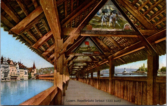 Vintage Postcard Lucerne Chapel Bridge Built 1333 Switzerland Unposted