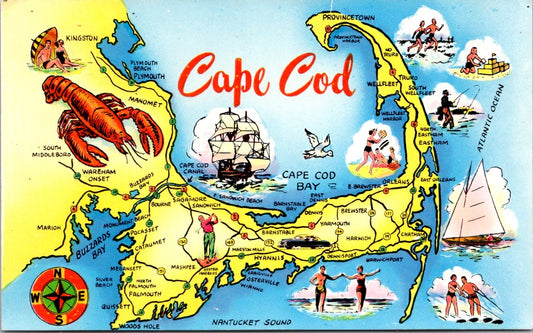 Vintage Postcard Map Of Cape Cod Masachusetts United States Unposted