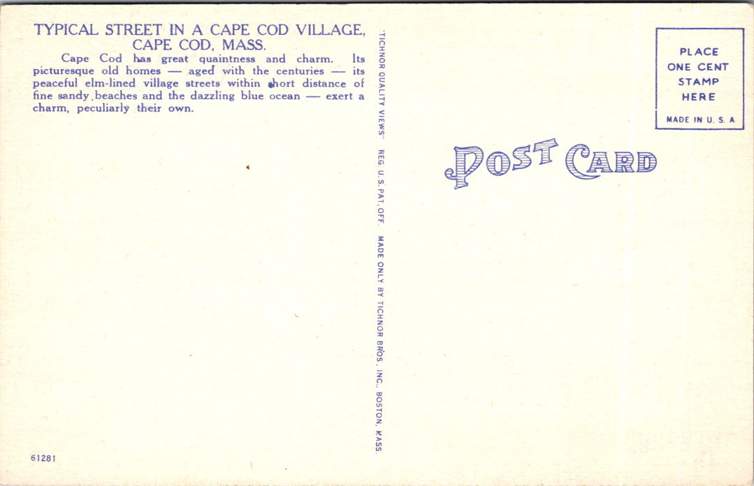 Vintage Postcard A Typical Street On Cape COD Massachusetts United States