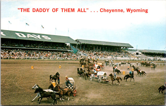 Vintage Postcard Fast And Furious Chuch Wagon Races At Frontier Days Wyoming