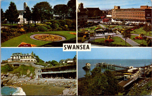 Vintage Postcard The Civic Buildings Floral Clock The Castle Gardens Swansea