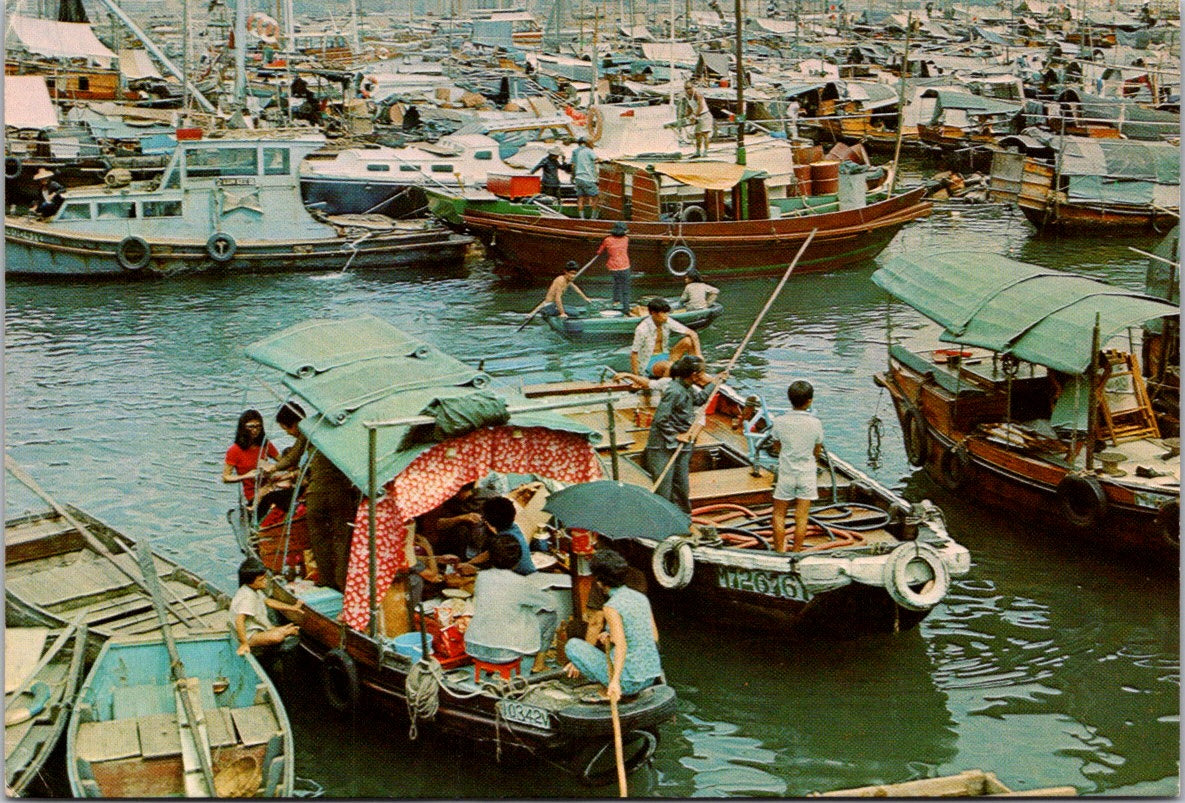 Vintage Postcard Floating People In Castle Peak Bay Hong Kong Unposted