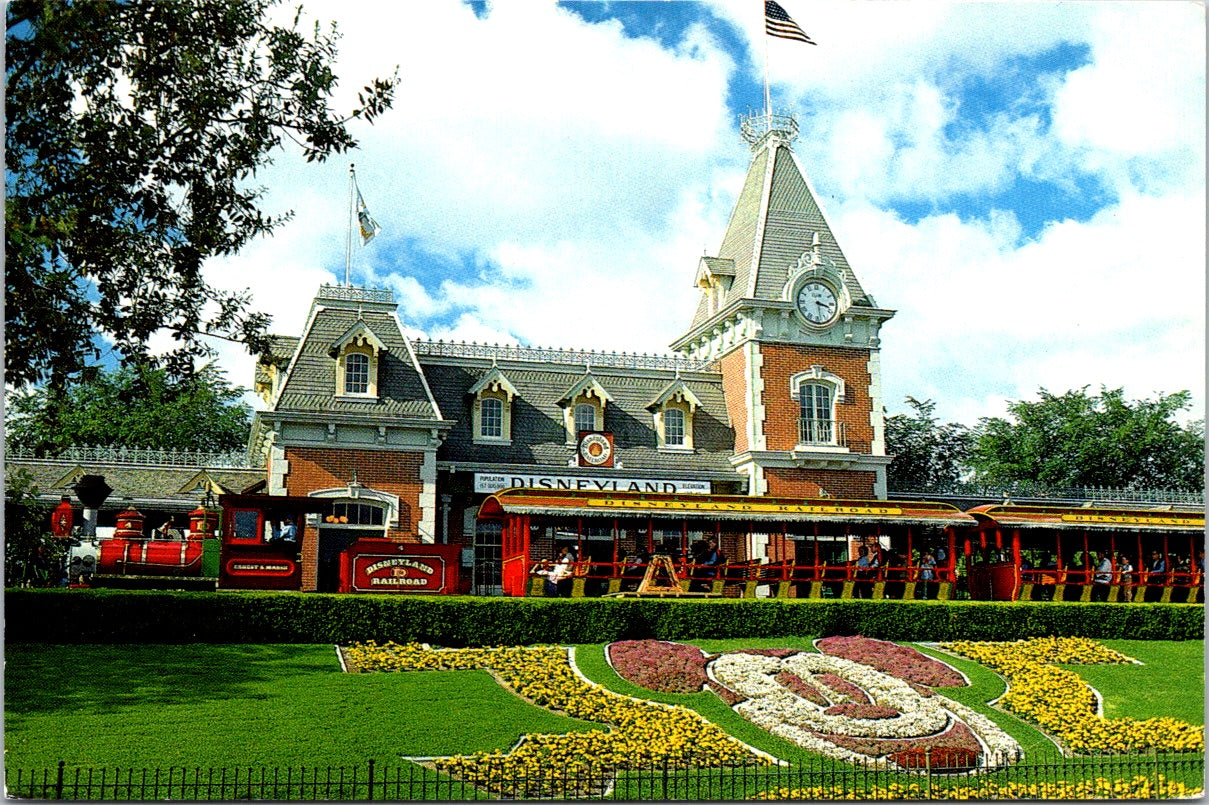 Vintage Postcard Mickey Mouse In Flowers Disneyland Railroad Mainstreet Station