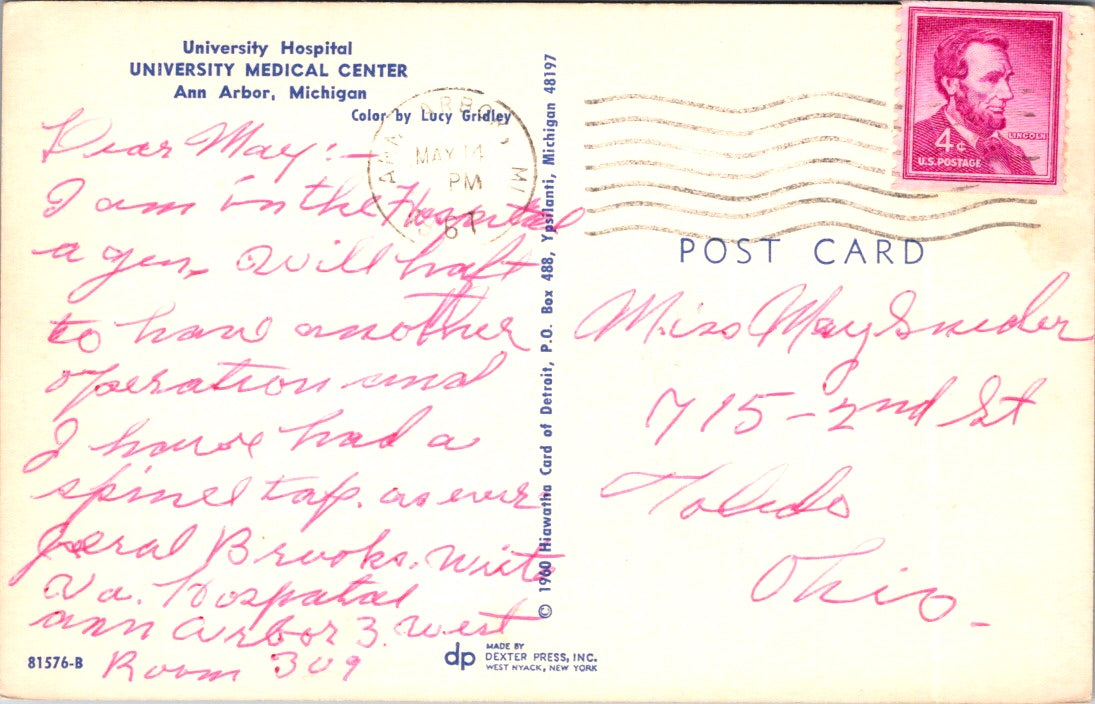 Vintage Postcard University Hospital Medical Center Ann Arbor Michigan Posted