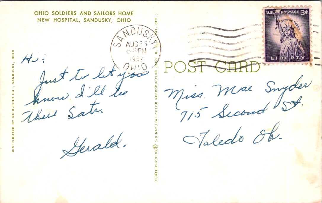 Vintage Postcard Ohio Soldiers And Sailor's Home New Hospital Sandusky Posted