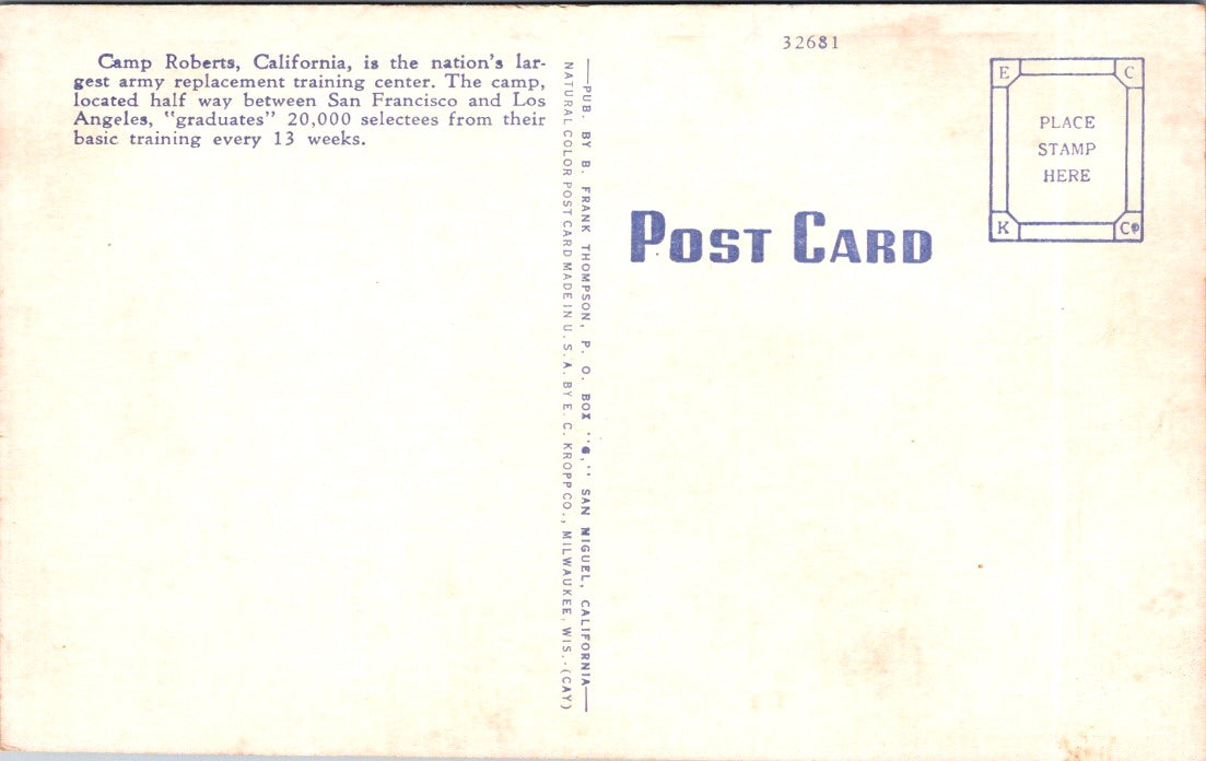 Vintage Postcard Main Garrison Camp Roberts California United States Unposted