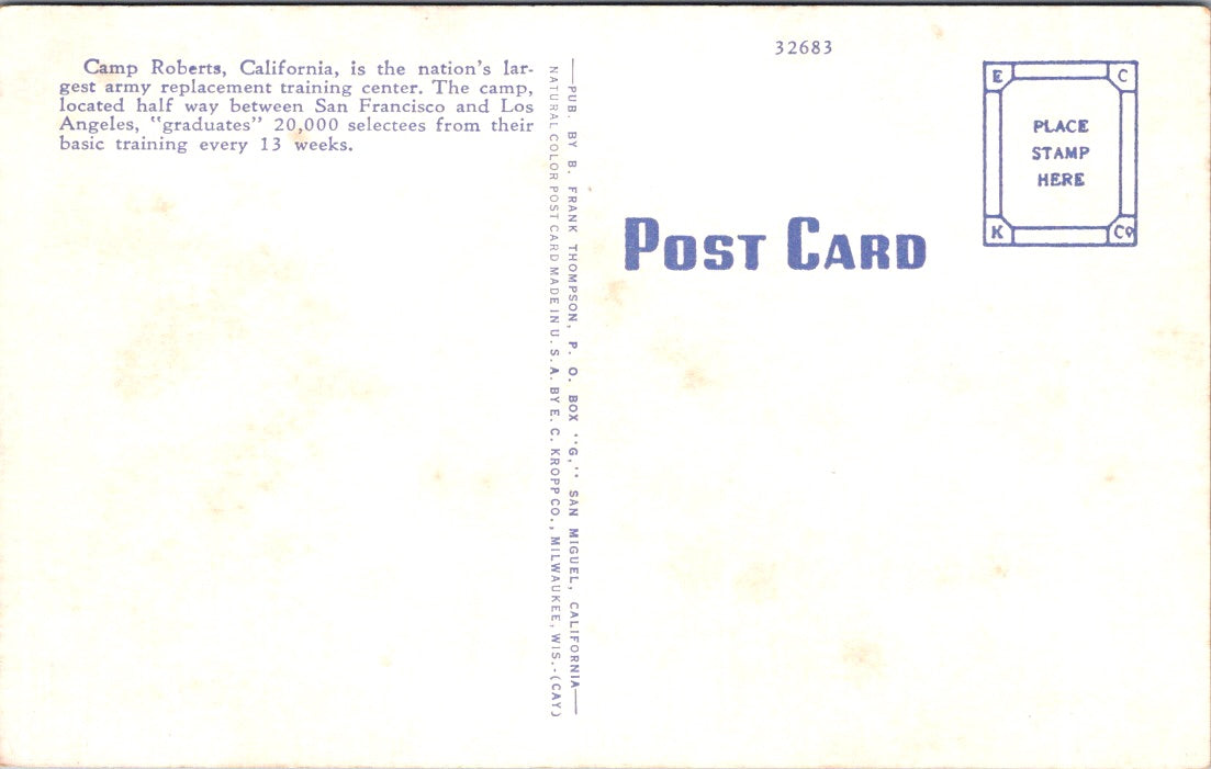 Vintage Postcard East Garrison Camp Roberts California United States Unposted