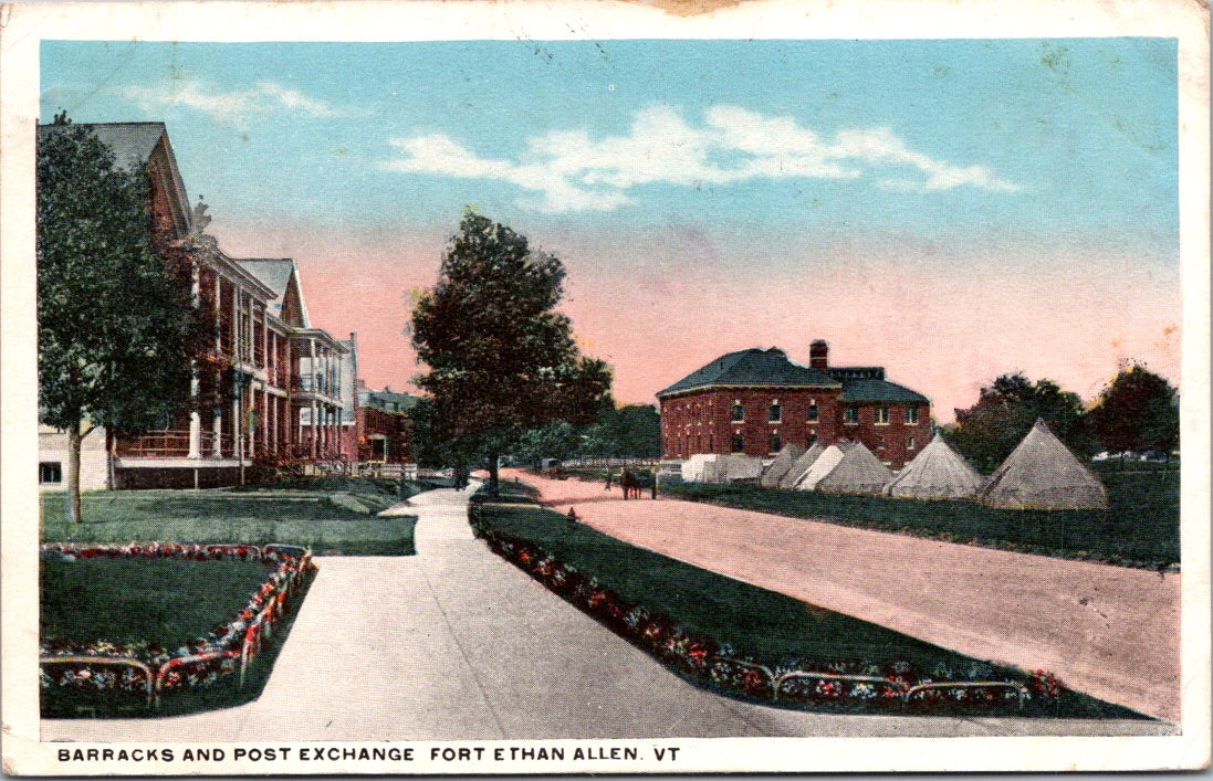 Vintage Postcard Barracks And Post Exchange Fort Ethan Allen Vermont Posted 1917