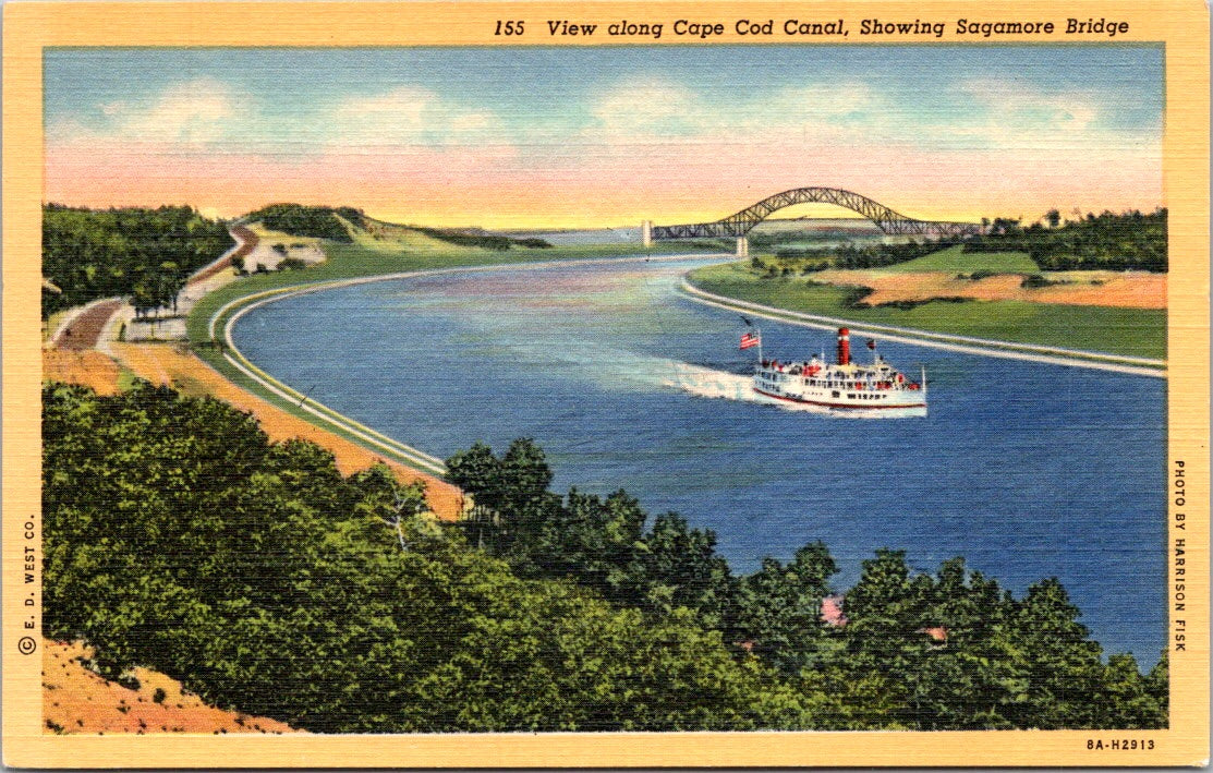 Vintage Postcard View Along Cape COD Canal Showing Sagamore Bridge Massachusetts