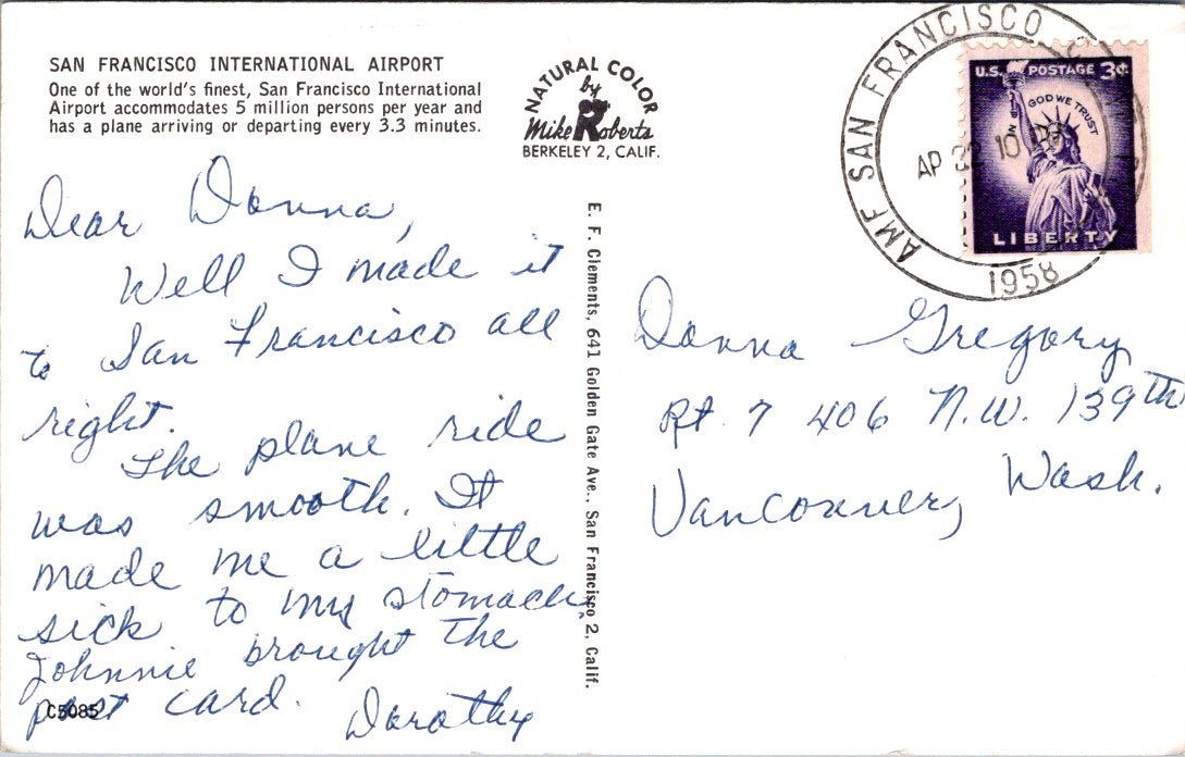 Vintage Postcard San Francisco International Airport California Posted 1958