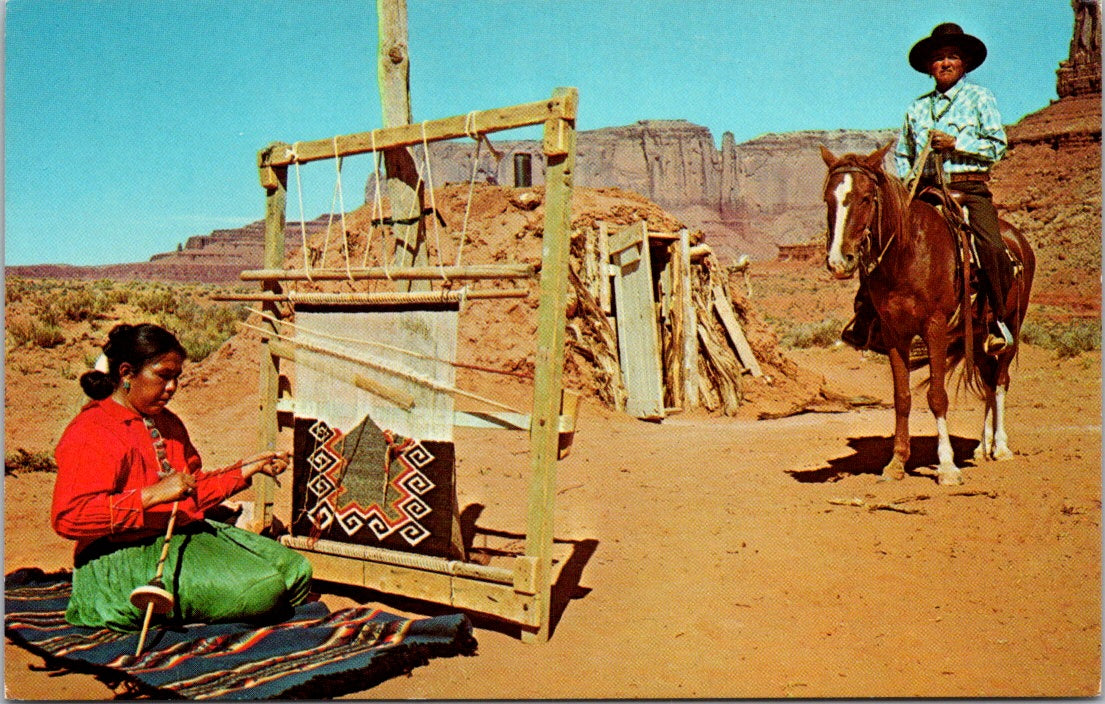 Vintage Postcard Rug Waving Time At Family Hogan Monument Valley Unposted