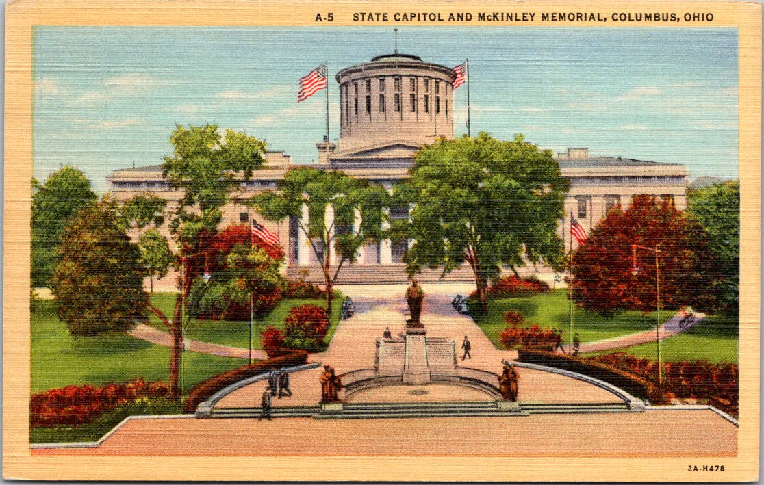 Vintage Postcard State Capitol And Mckinley Memorial Columbus Ohio United States