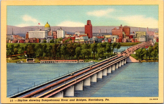 Vintage Postcard Skyline Susquehanna River And Bridges Harrisburg Pennsylvania