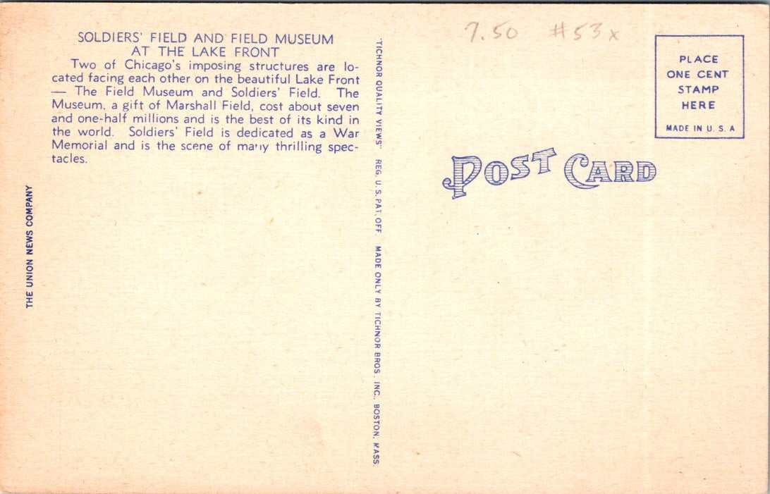 Vintage Postcard Soldier's Field And Field Museum At Lake Front Chicago Illinois