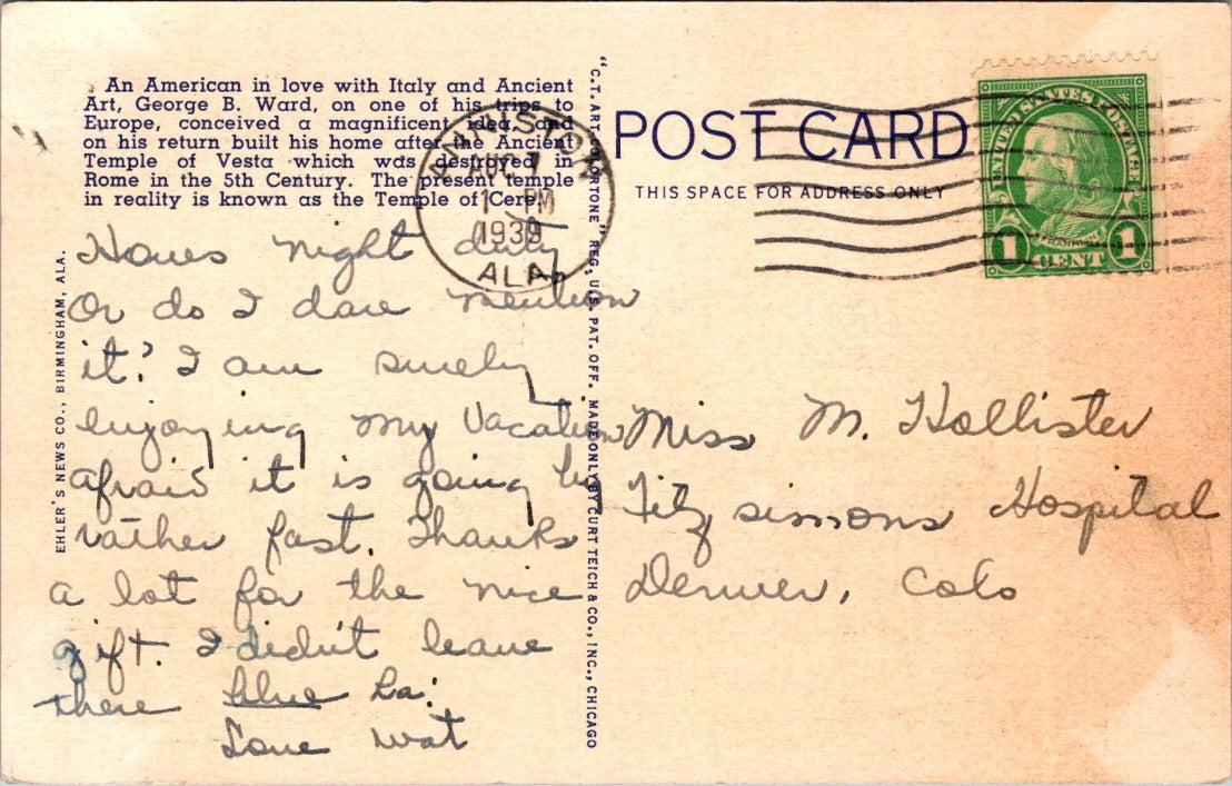 Vintage Postcard Home Of Geo Ward Shades Mountain Birmingham Alabama Unposted