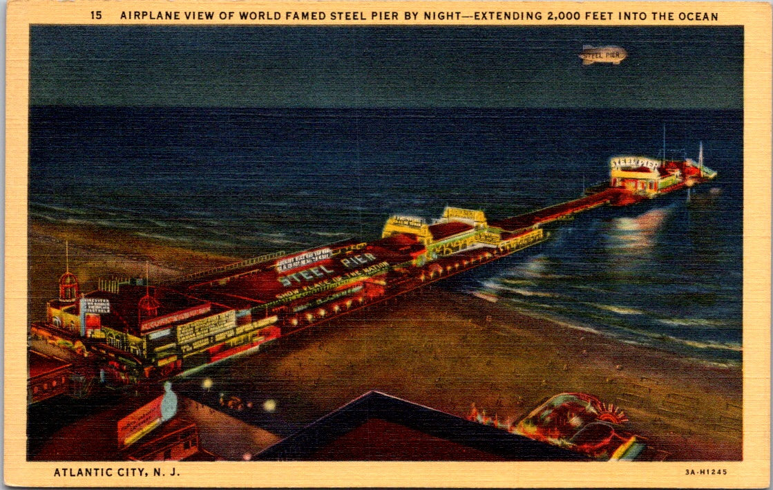 Vintage Postcard Aerial View Of World's Famed Steel Pier By Night New Jersey