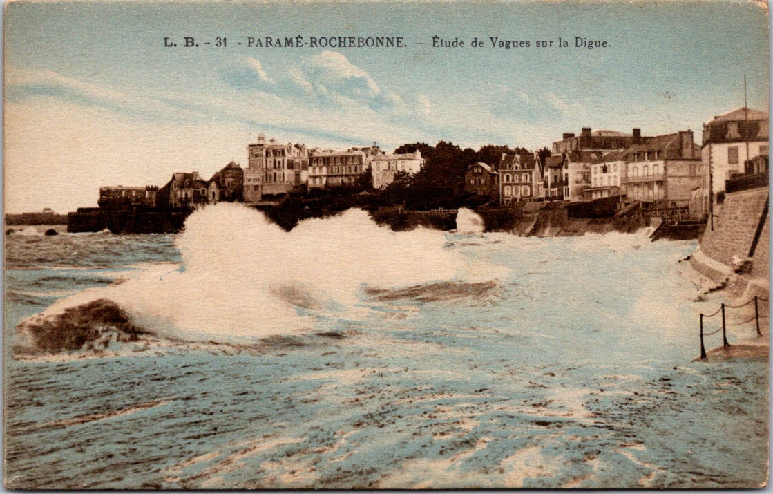 Vintage Postcard Waves On The Dike Paramé Rochebonne France Unposted