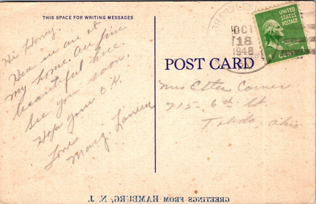 Vintage Postcard Greetings From Hamburg New Jersey United States Posted 1948