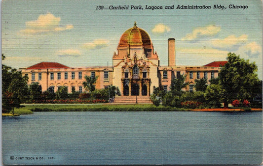 Vintage Postcard Garfield Park Lagoon And Administration Building Chicago Posted