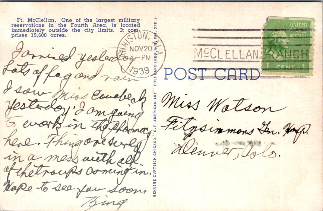 Vintage Postcard Post Hospital Ft. McClellan Anniston Alabama United States
