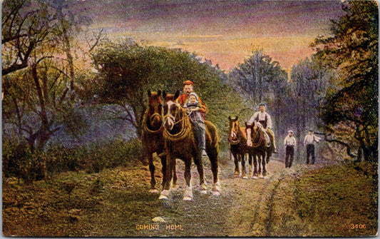 Vintage Postcard Coming Home Riding Horses Photo Unposted