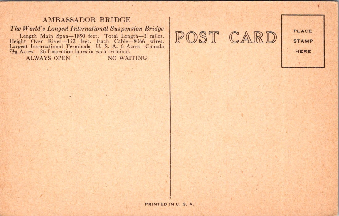 Vintage Postcard The Ambassador Bridge Windsor Ontario Canada Unposted