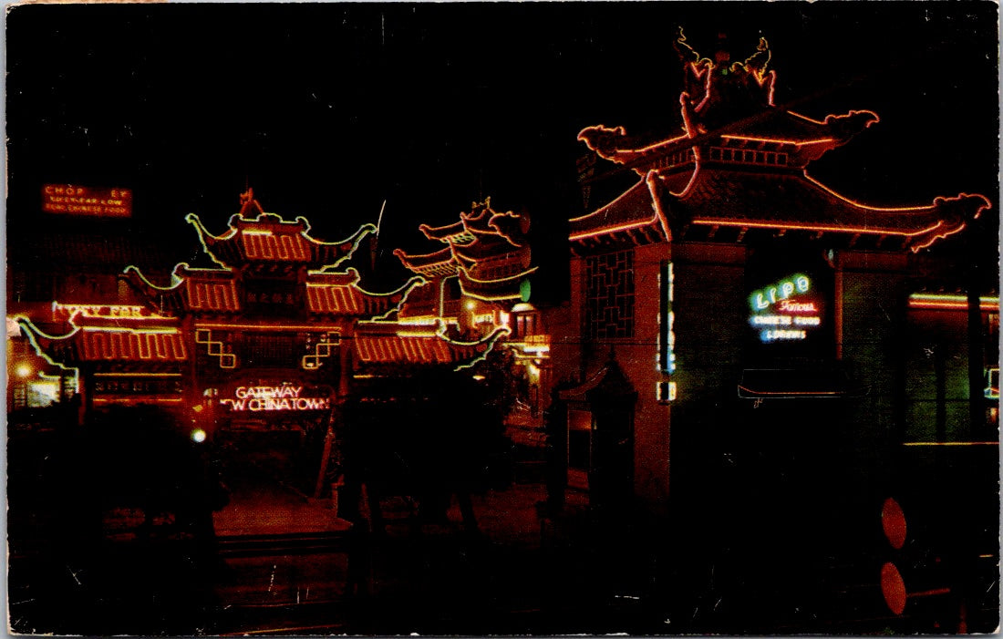 Vintage Postcard Pai Lou Gateway New China Town At Night Los Angeles California