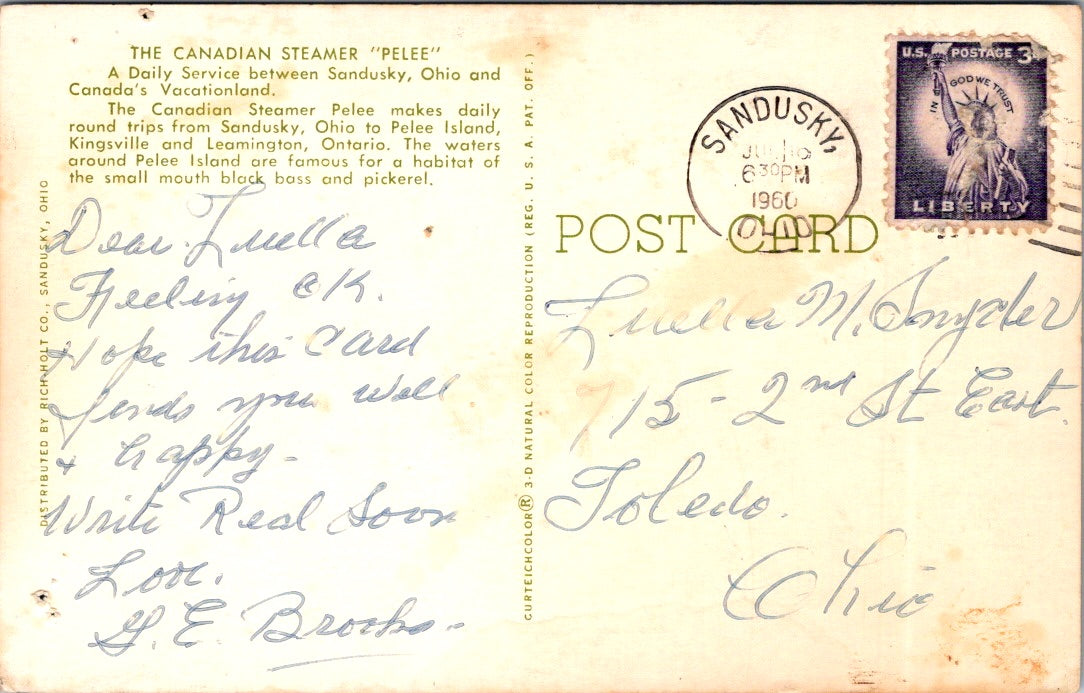 Vintage Postcard The Canadian Steamer Pelee Ohio United States Posted 1960