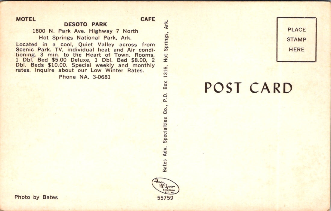 Vintage Postcard Desotho Park Hot Springs National Park Arkansas United States