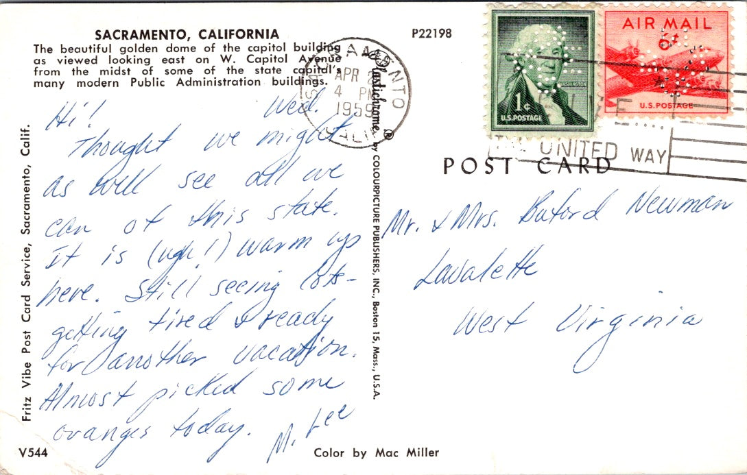 Vintage Postcard The Beautiful Golden Dome Sacramento California Posted 1959