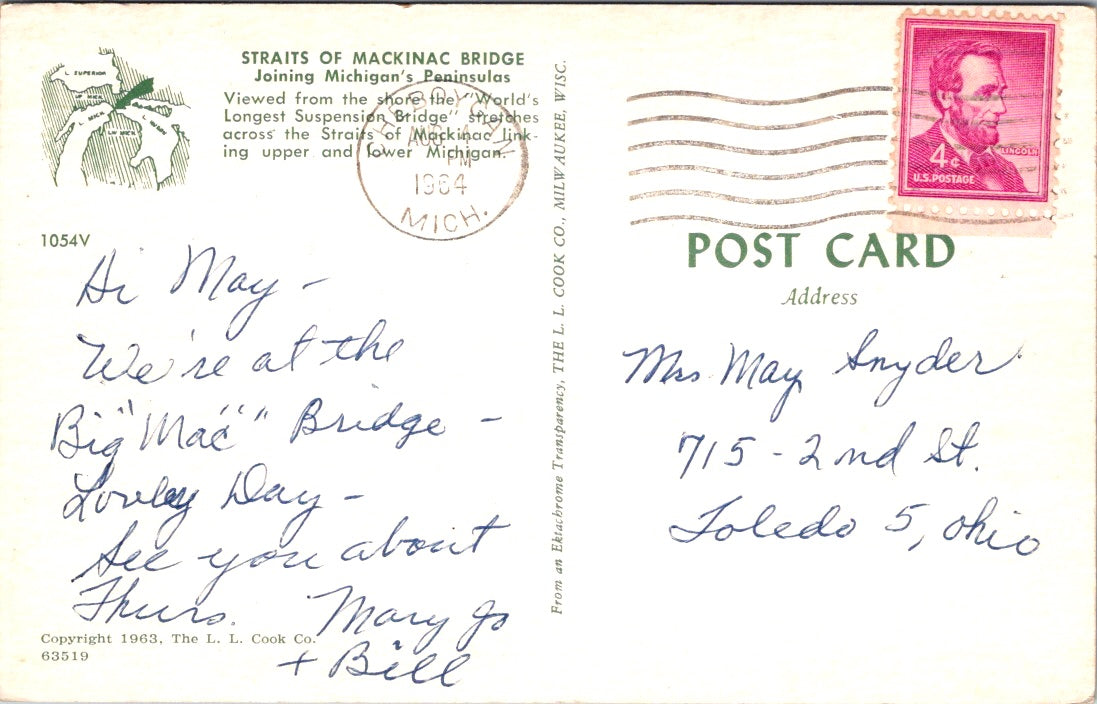 Vintage Postcard Straits Of McKinac Bridge Michigan United States Posted 1964