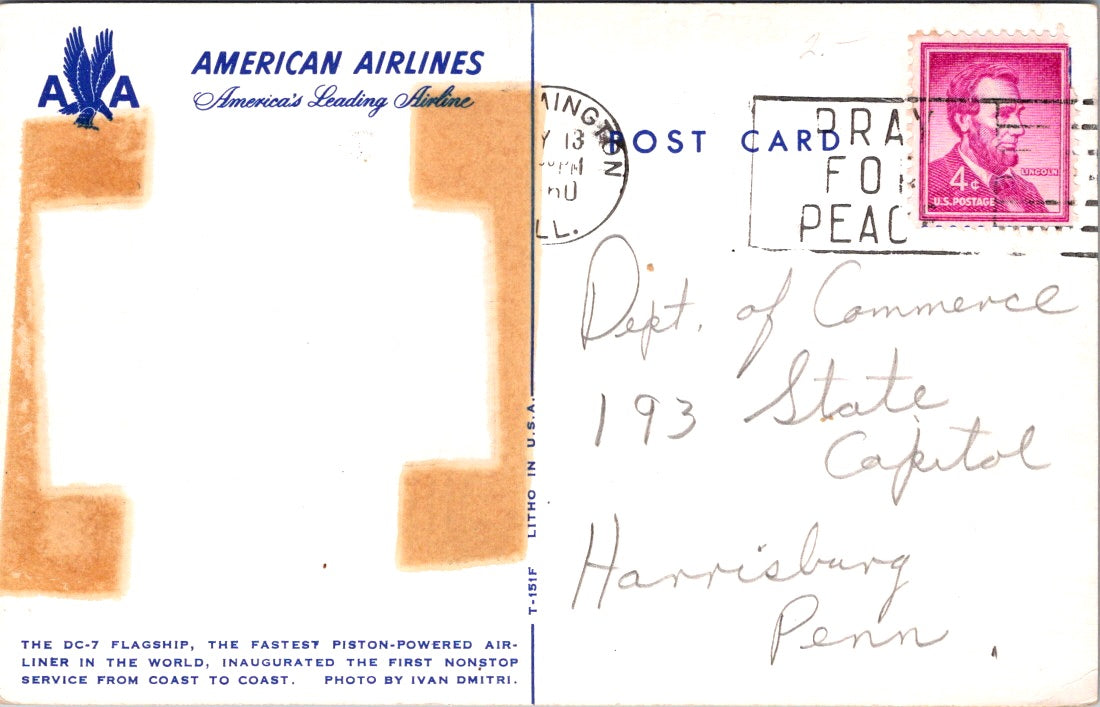 Vintage Postcard DC-7 Mercury American Airlines United States Posted US 4 Cents