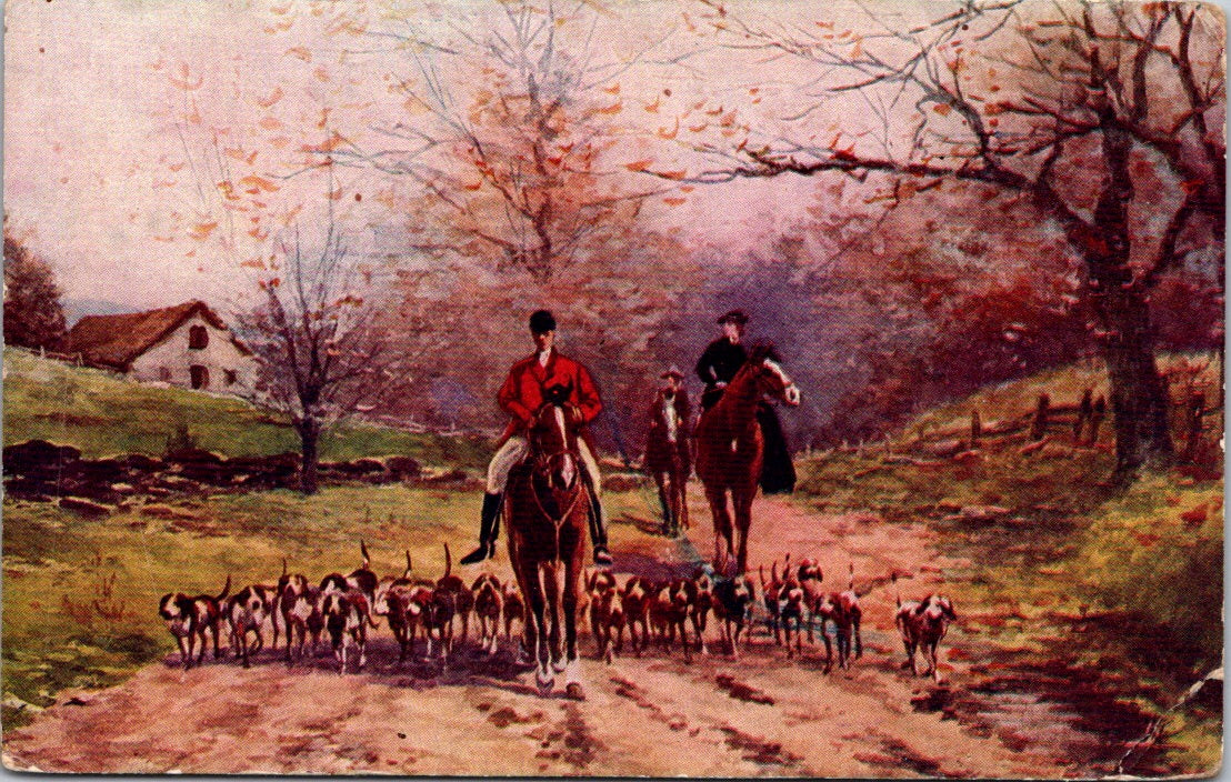 Vintage Postcard Men In Horses Accompanied By Group Of Dogs Unposted