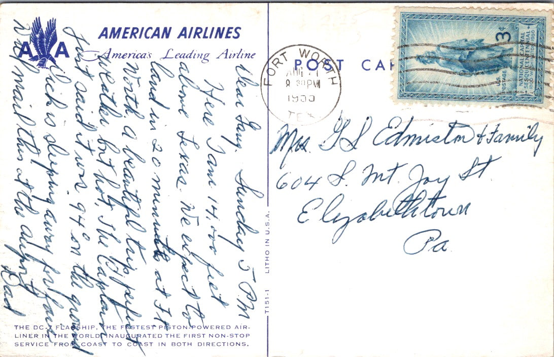 Vintage Postcard The DC-7 Flagship American Airlines United States Posted 1955