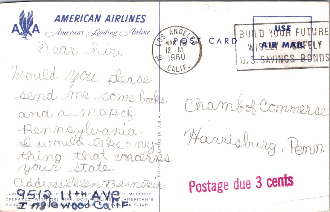 Vintage Postcard American Leading Airlines Inglewood California Posted 1960