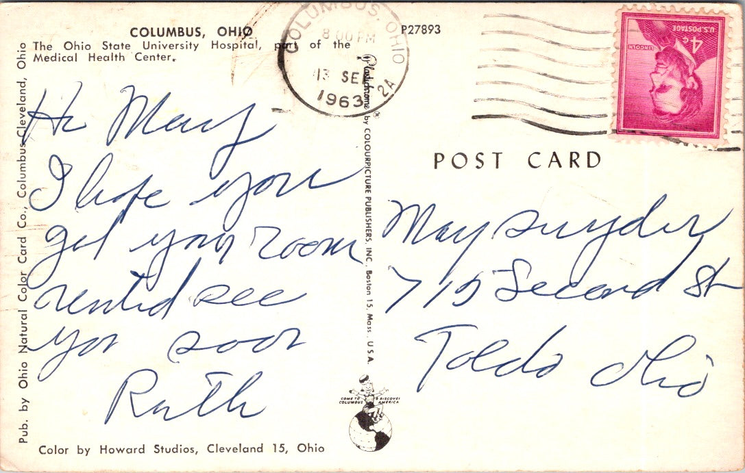 Vintage Postcard The Ohio State University Hospital Columbus Ohio Posted 1963