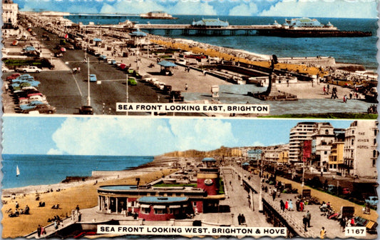 Vintage Postcard Sea Front Looking East And West Brighton Hove England Unposted