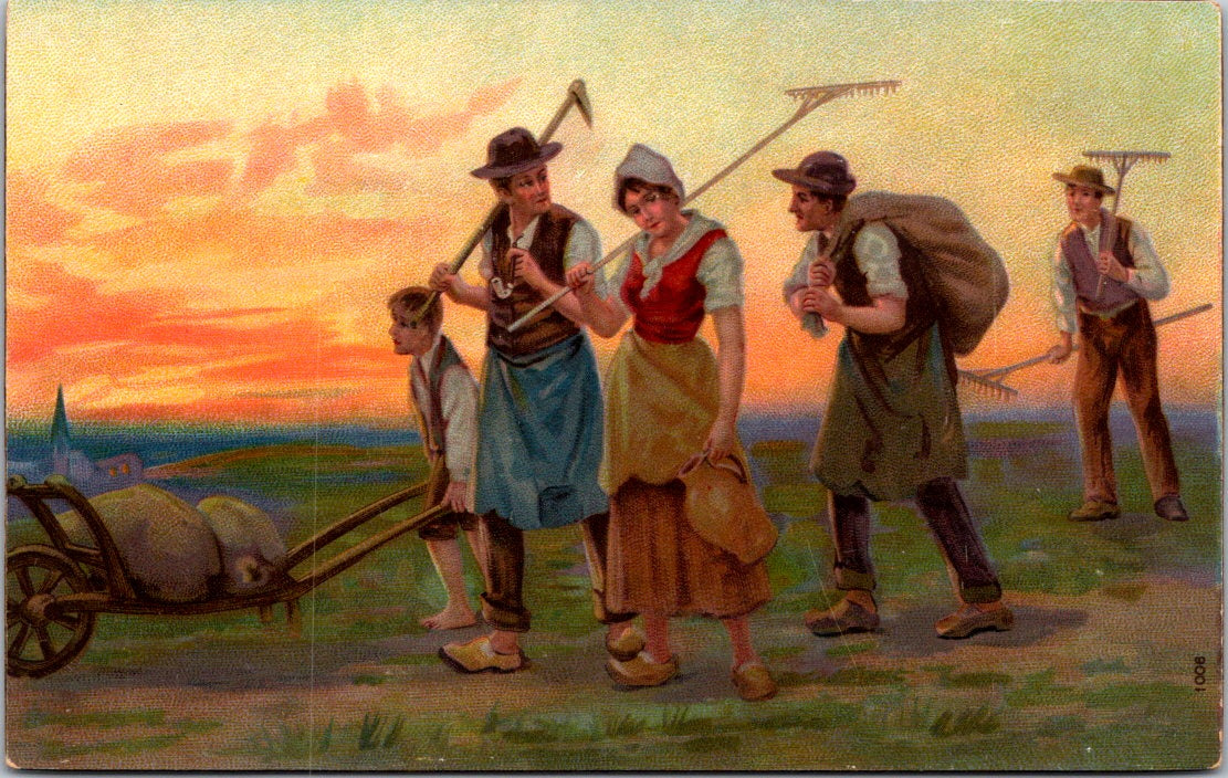 Vintage Postcard Painting Of A Family Working In The Farm Unposted