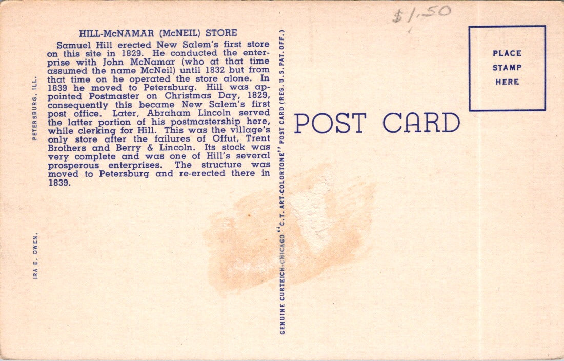 Vintage Postcard Interior Hill McNamar Store Lincoln's New Salem State Park