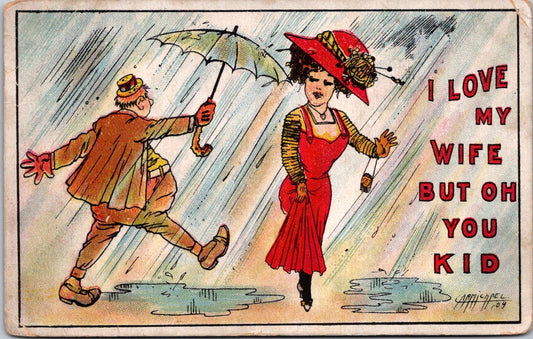 Vintage Postcard Carmichael Oh You Kid Umbrella Fashion Woman Comic Humor 1909