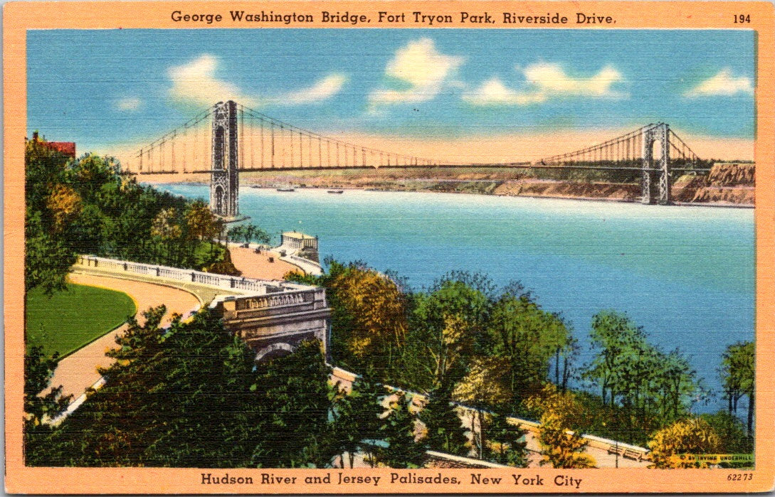 Vintage Postcard Washington Bridge Fort Tyron Park Hudson River Jersey Palisades