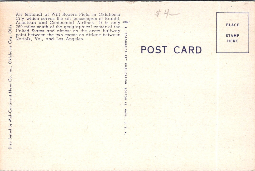 Vintage Postcard Administration Building Will Rogers Field Oklahoma Unposted