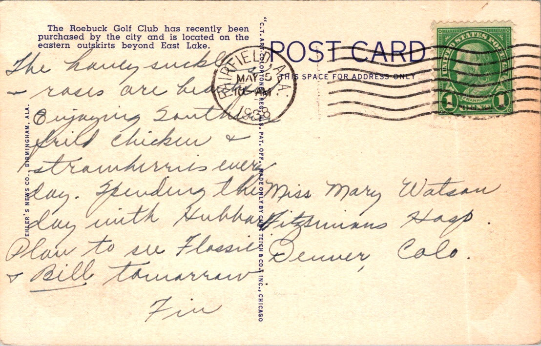 Vintage Postcard Roebuck Club House Swimming Pool Birmingham Alabama Posted 1938