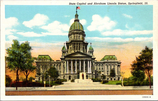 Vintage Postcard State Capitol And Abraham Lincoln Statue Springfield Illinois