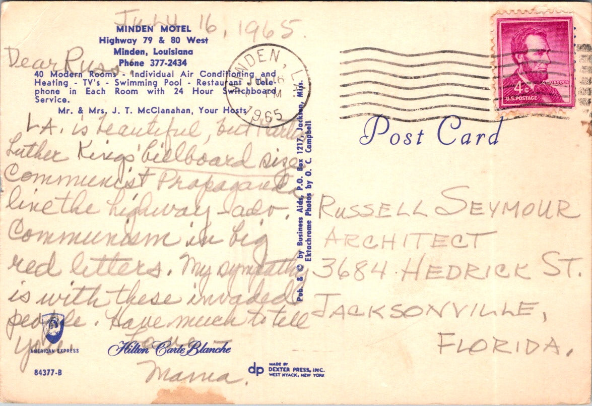 Vintage Postcard The Minden Hotel West Minden Louisiana United States Posted