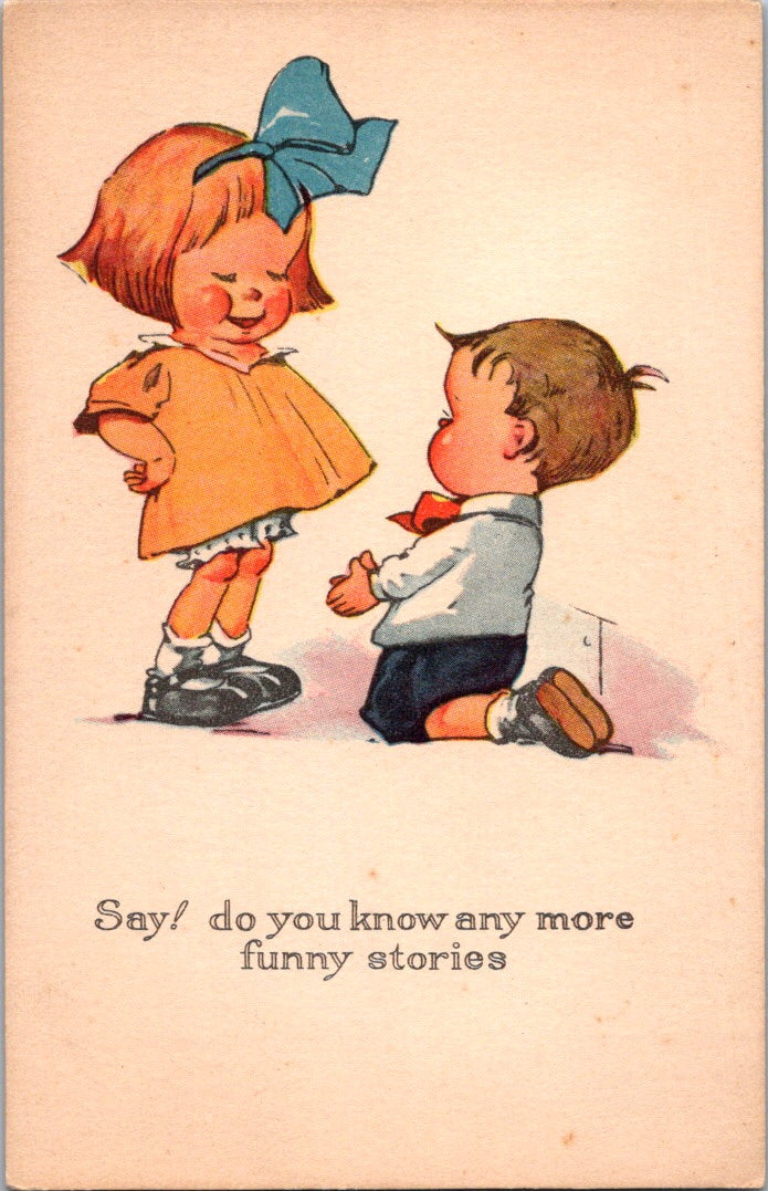 Vintage Postcard Little Boy Bent Knee Begging On A Cutie Girl Unposted